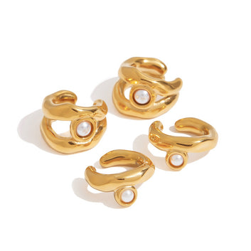 Kaze 18K Gold Geometric Hollow Pearl Earrings, Bracelet and Necklace Set | 7-Piece Contemporary Pearl Jewellery