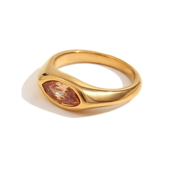 Kaze 18K Gold Marquise-Cut Zircon Vintage Signet Ring | Titanium Steel Ring in 4 Styles Sizes 5–9 US Ring B