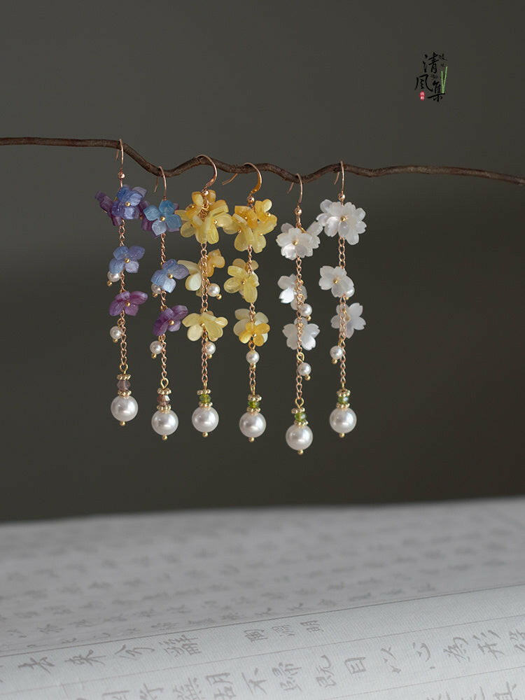 Kaze Cheongsam-Inspired Flower Tassel Earrings | Hydrangea Gold &amp; Silver Earrings in Hook &amp; Clip Styles