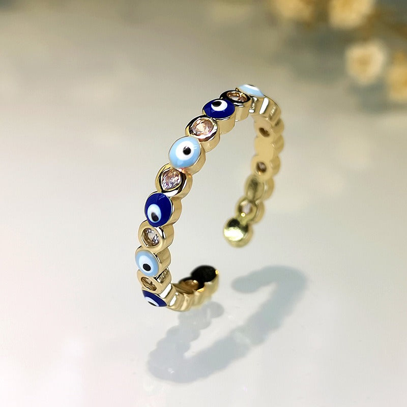 Kaze Exaggerated Eye Design Gemstone Open Ring | 18K Gold Oil-Drip Enamel Ring in 18 Variants Blue and light blue Adjustable