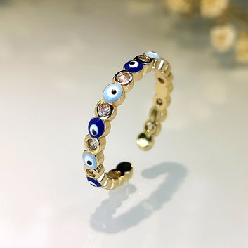 Kaze Exaggerated Eye Design Gemstone Open Ring | 18K Gold Oil-Drip Enamel Ring in 18 Variants Blue and light blue Adjustable