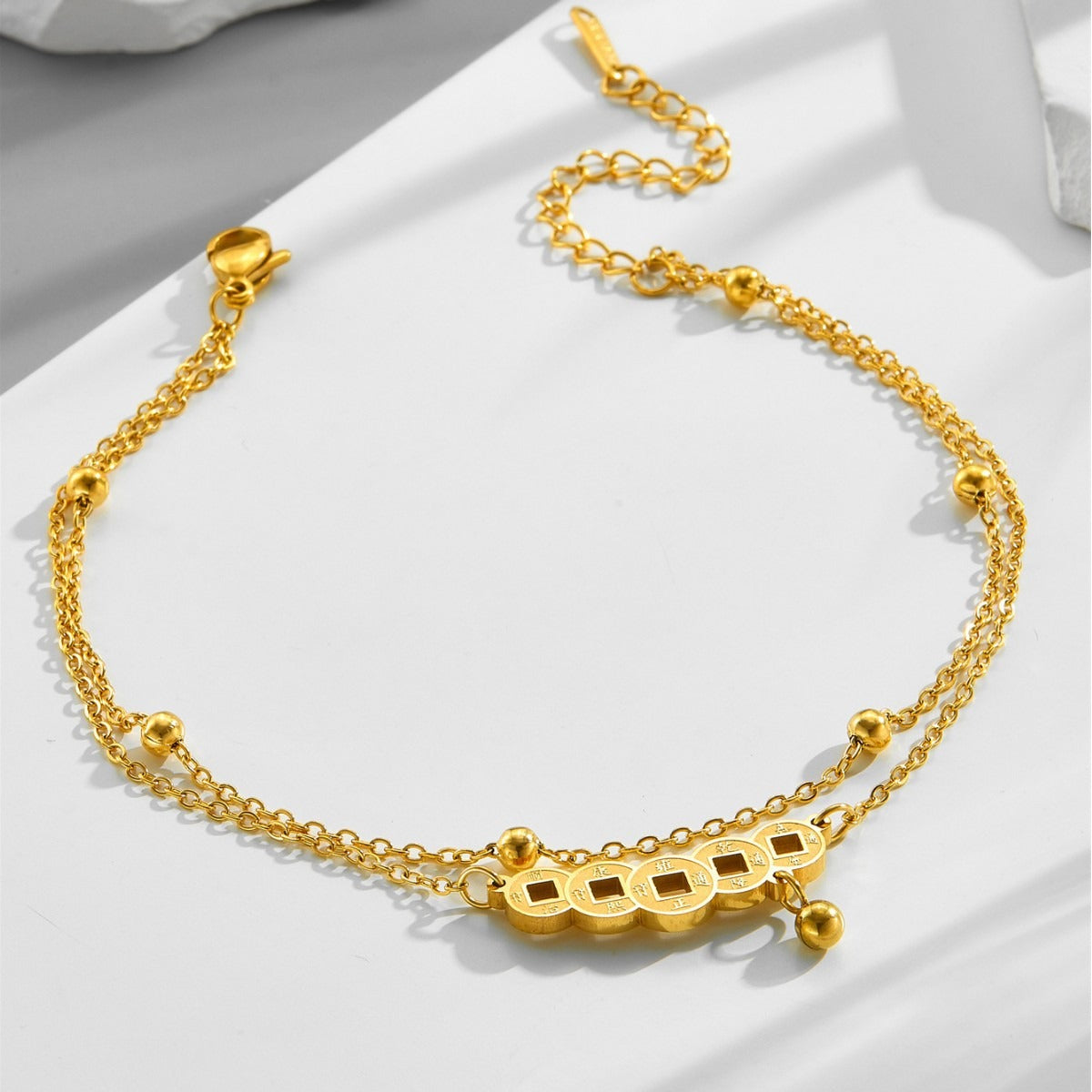 Kaze 18K Gold Double-Layer Beaded Copper Coin Anklet &amp; Bracelet | Vintage Chinese Style in 2 Variants Bracelet