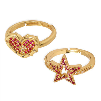 Kaze Heart and Hollow Star Zircon Ring | 18K Gold Adjustable Ring in Heart &amp; Star Design