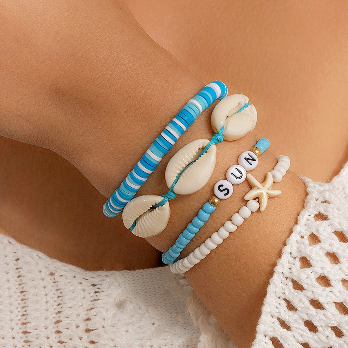 Kaze Beach Starfish Shell Rice Bead Bracelet Set | Bohemian Layered Bracelet in 4 &amp; 6 Piece Sets Mixed color 4-piece set