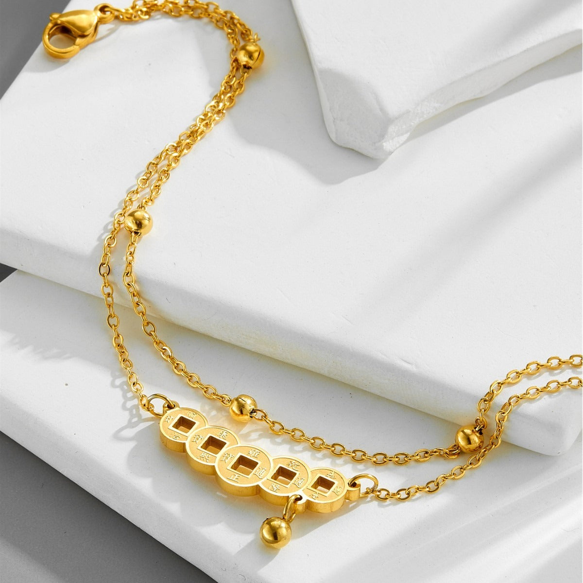 Kaze 18K Gold Double-Layer Beaded Copper Coin Anklet &amp; Bracelet | Vintage Chinese Style in 2 Variants