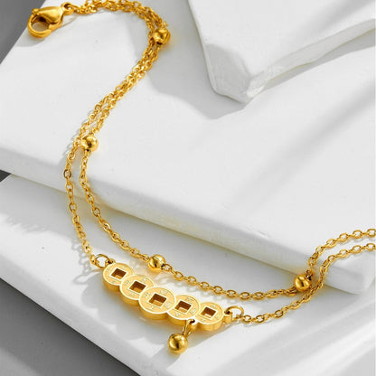 Kaze 18K Gold Double-Layer Beaded Copper Coin Anklet &amp; Bracelet | Vintage Chinese Style in 2 Variants
