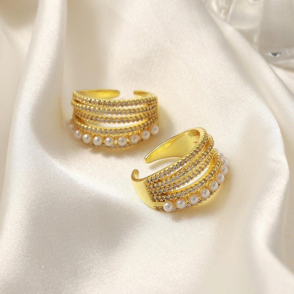 18K Gold Multi-Layered Open Ring with Zircon and Pearl Accents