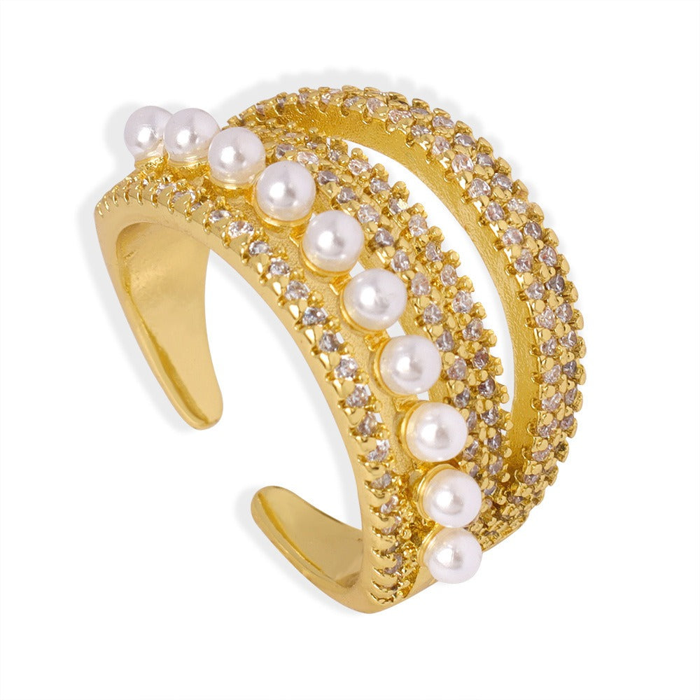 18K Gold Multi-Layered Open Ring with Zircon and Pearl Accents Adjustable