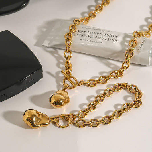 Kaze OT Buckle Geometric Floral Necklace &amp; Bracelet Set | 18K Gold Titanium Steel Jewellery