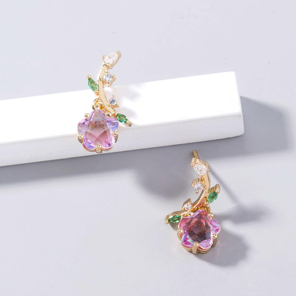 Kaze Plum Blossom Zircon Leaf Flower Drop Earrings | Gold Alloy Botanical Earrings