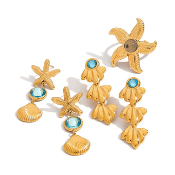 Kaze 18K Gold Lightweight Luxury Earring and Ring Set | Titanium Steel Coordinated Set in 3 Pieces