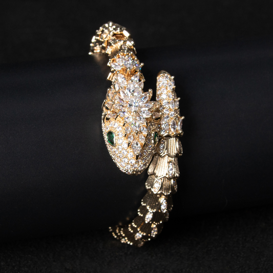 Kaze Gold Snake &amp; Marcasite Bracelet | 18K Gold Serpent Bracelet in 5 Stone Colours White on Gold Background