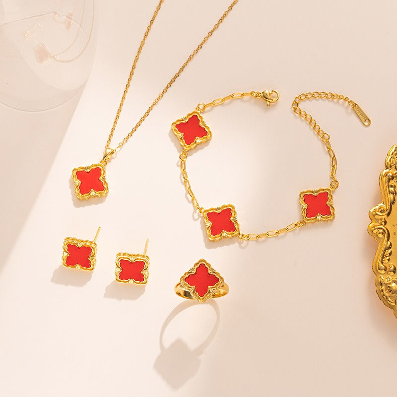 Kaze Four-Leaf Clover Jewellery Set | 18K Gold Necklace, Bracelet, Earrings &amp; Ring