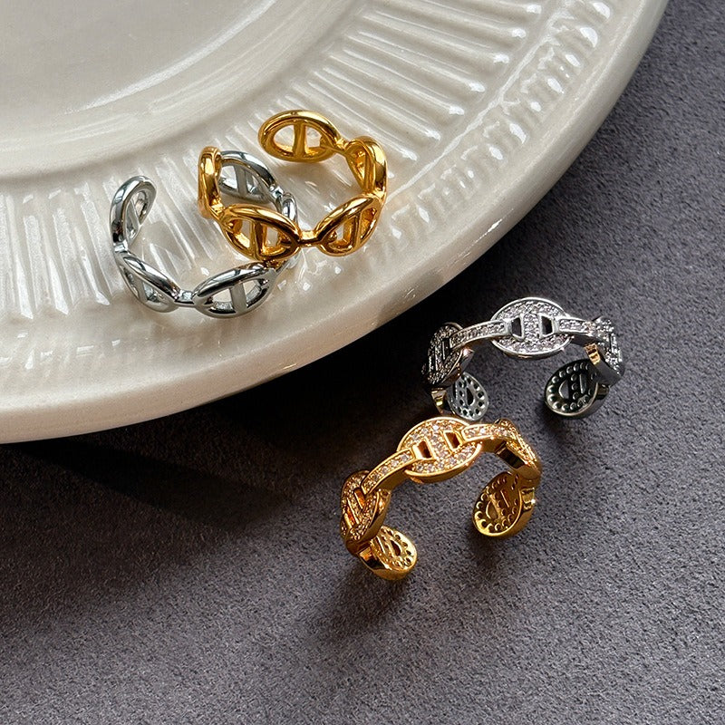 Kaze Pig Nose Rhinestone Open Adjustable Ring | 18K Gold S925 Silver Ring in Diamond &amp; Smooth Variants
