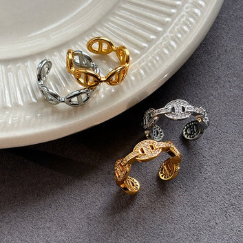 Kaze Pig Nose Rhinestone Open Adjustable Ring | 18K Gold S925 Silver Ring in Diamond &amp; Smooth Variants