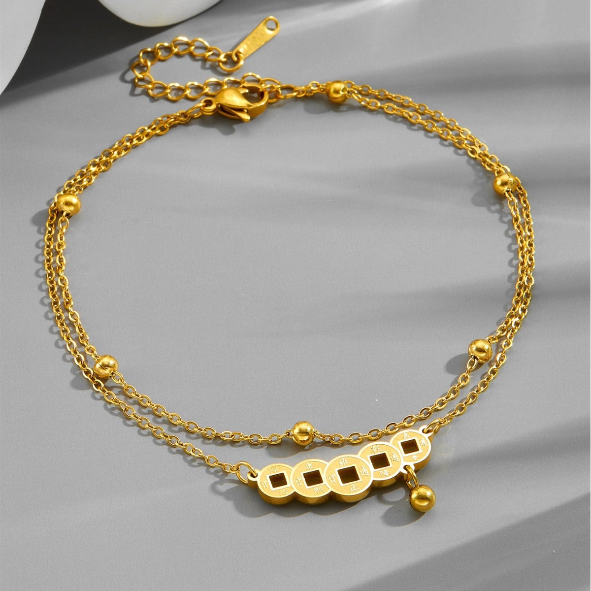 Kaze 18K Gold Double-Layer Beaded Copper Coin Anklet &amp; Bracelet | Vintage Chinese Style in 2 Variants