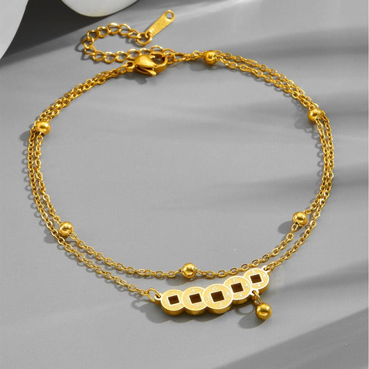 Kaze 18K Gold Double-Layer Beaded Copper Coin Anklet &amp; Bracelet | Vintage Chinese Style in 2 Variants