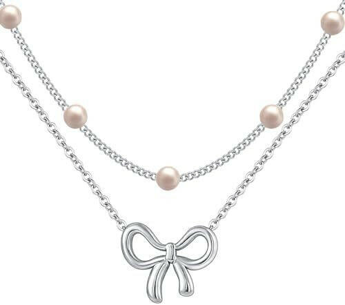 Kaze Minimalist Pearl Bow Necklace | Titanium Steel Pendant Necklace in Gold &amp; Silver Silver