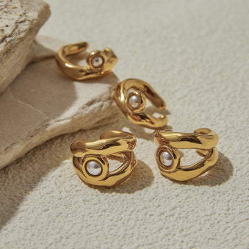 Kaze 18K Gold Geometric Hollow Pearl Earrings, Bracelet and Necklace Set | 7-Piece Contemporary Pearl Jewellery