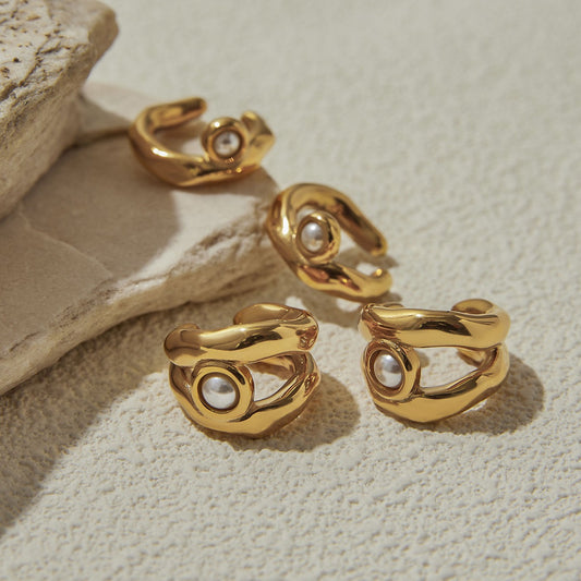 Kaze 18K Gold Geometric Hollow Pearl Earrings, Bracelet and Necklace Set | 7-Piece Contemporary Pearl Jewellery