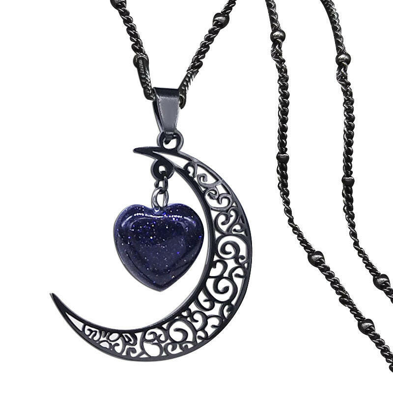 Kaze Vintage Moon and Heart Natural Stone Necklace | Stainless Steel Celestial Pendant