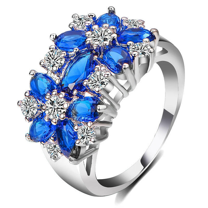 Kaze Floral Elegance Cubic Zirconia Wedding Band | Premium Brass Nature-Inspired Ring Royal Blue
