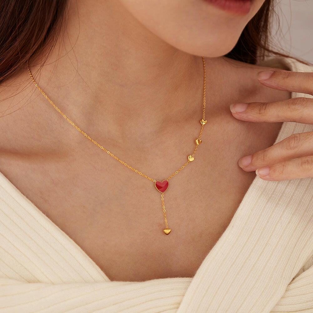 Kaze Red Dripping Heart Necklace | Gold-Plated Stainless Steel Statement Necklace