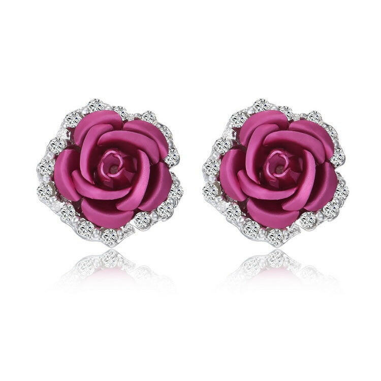 Kaze Rose Flower Ear Clip Earrings | Korean-Style Geometric Diamond Earrings in 9 Colours Rose Red
