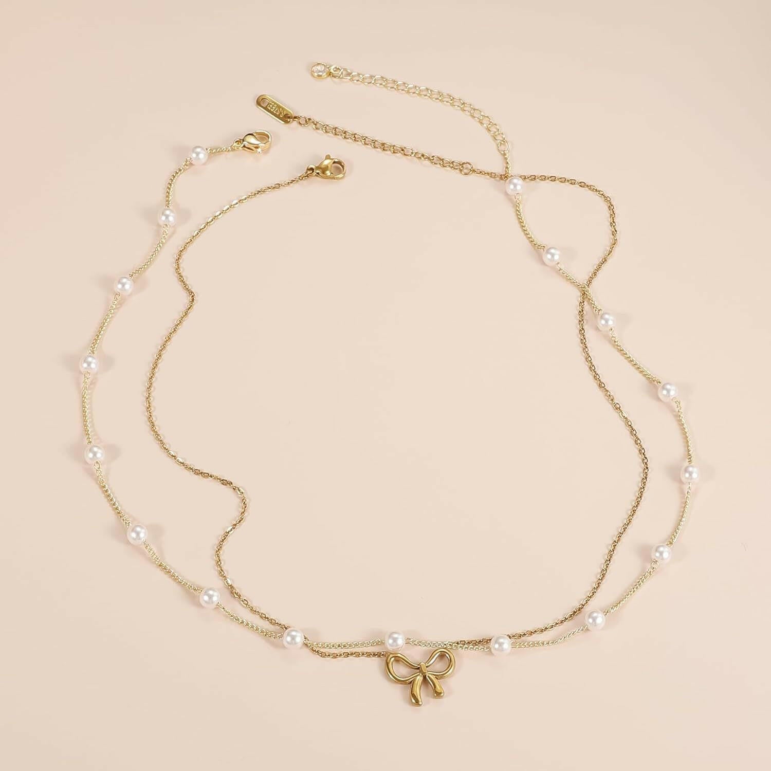 Kaze Minimalist Pearl Bow Necklace | Titanium Steel Pendant Necklace in Gold &amp; Silver