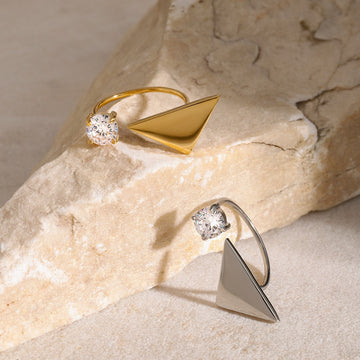Kaze Triangle with Round Gemstone Open Ring | 18K Gold Geometric Ring in Gold &amp; Silver