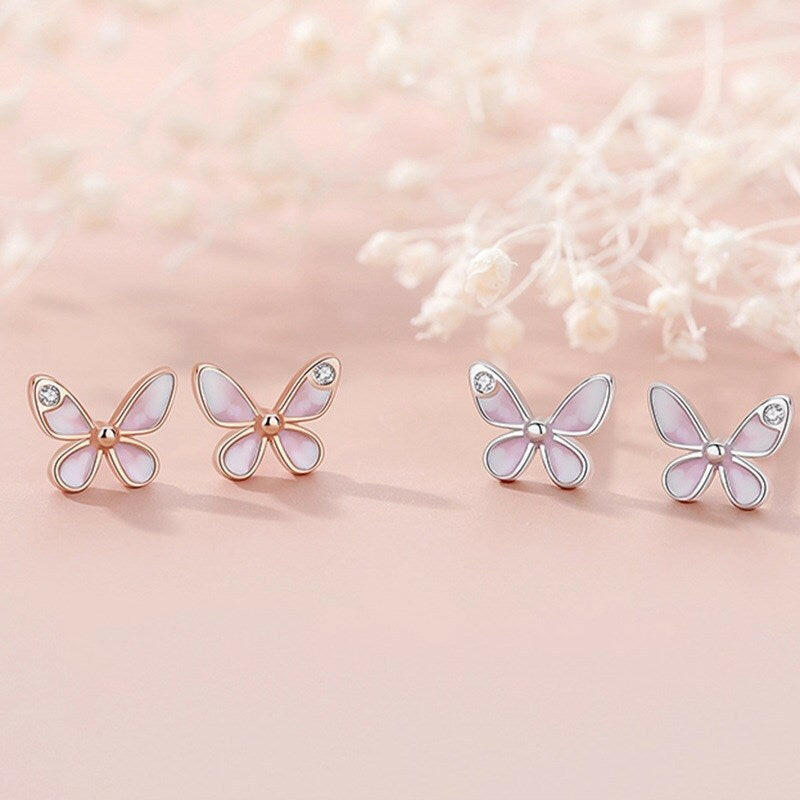 Kaze Mini Silver Butterfly Stud Earrings | Epoxy Finish Earrings in Rose Gold &amp; Platinum