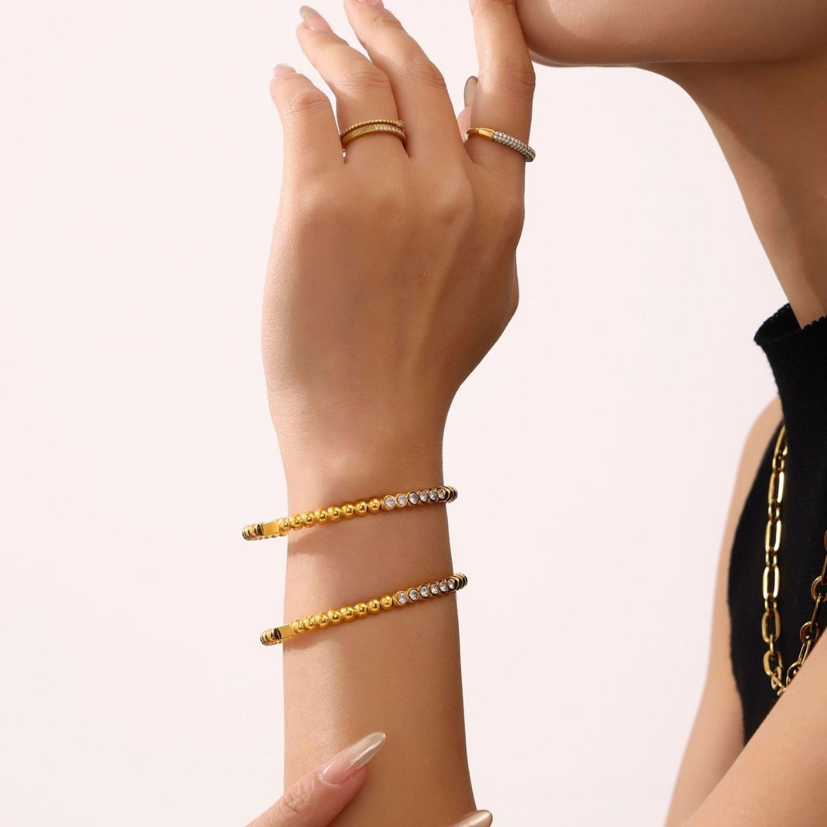 Kaze Zircon &amp; Pearl Inlaid Luxury Bracelet | 18K Gold Titanium Steel Bracelet in 4 Styles