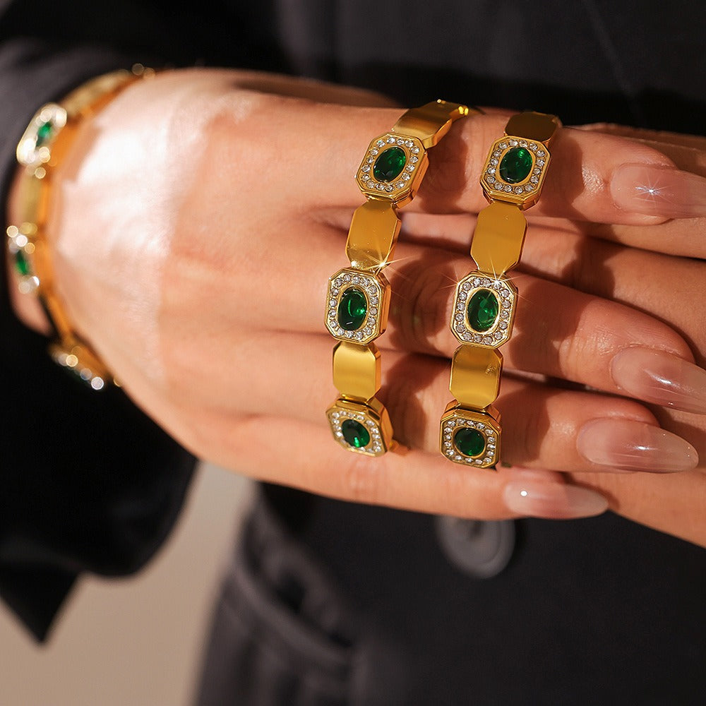 Kaze Geometric Square Gemstone Bangle | 18K Gold High-End Inlaid Bracelet