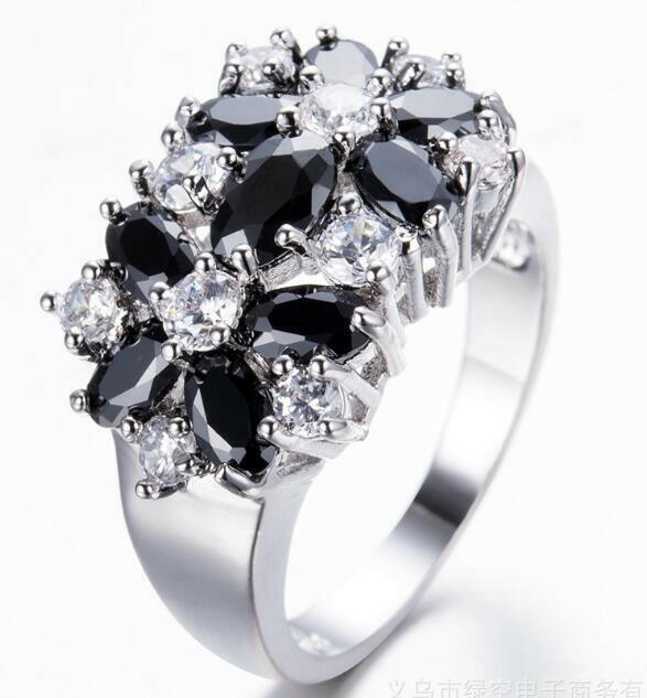Kaze Floral Elegance Cubic Zirconia Wedding Band | Premium Brass Nature-Inspired Ring Black