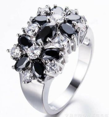 Kaze Floral Elegance Cubic Zirconia Wedding Band | Premium Brass Nature-Inspired Ring Black