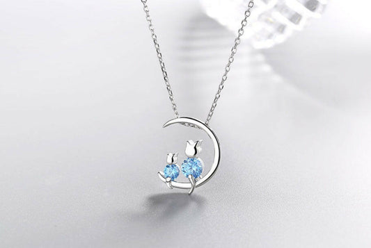Kaze Moon Bunny Necklace | S925 Sterling Silver Lunar Rabbit Pendant with Blue Stone Silver