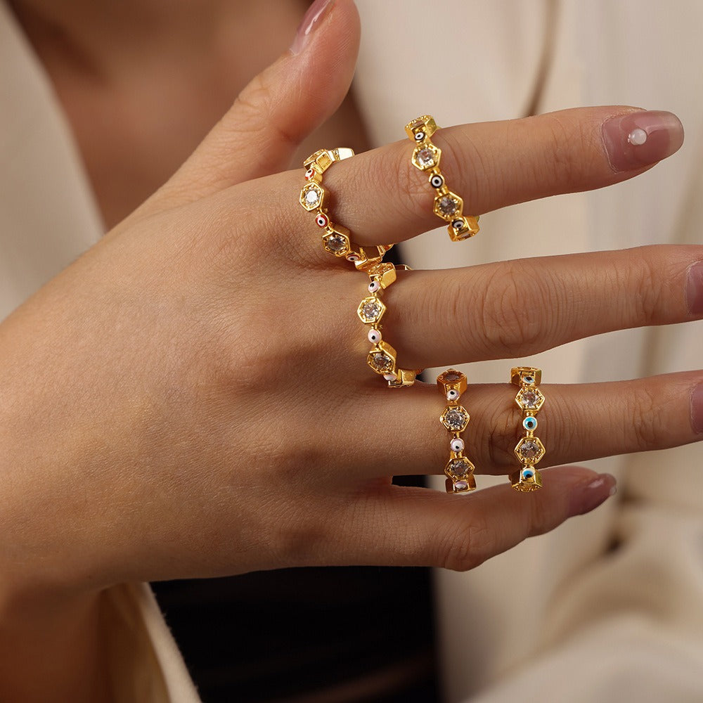 Kaze Geometric Hexagonal Devil's Eye Zircon Ring | 18K Gold Adjustable Ring in 5 Colours
