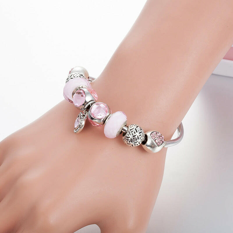 Kaze DIY Peach Heart Pendant Beaded Bracelet | Adjustable Snake Chain Bracelet in Pink