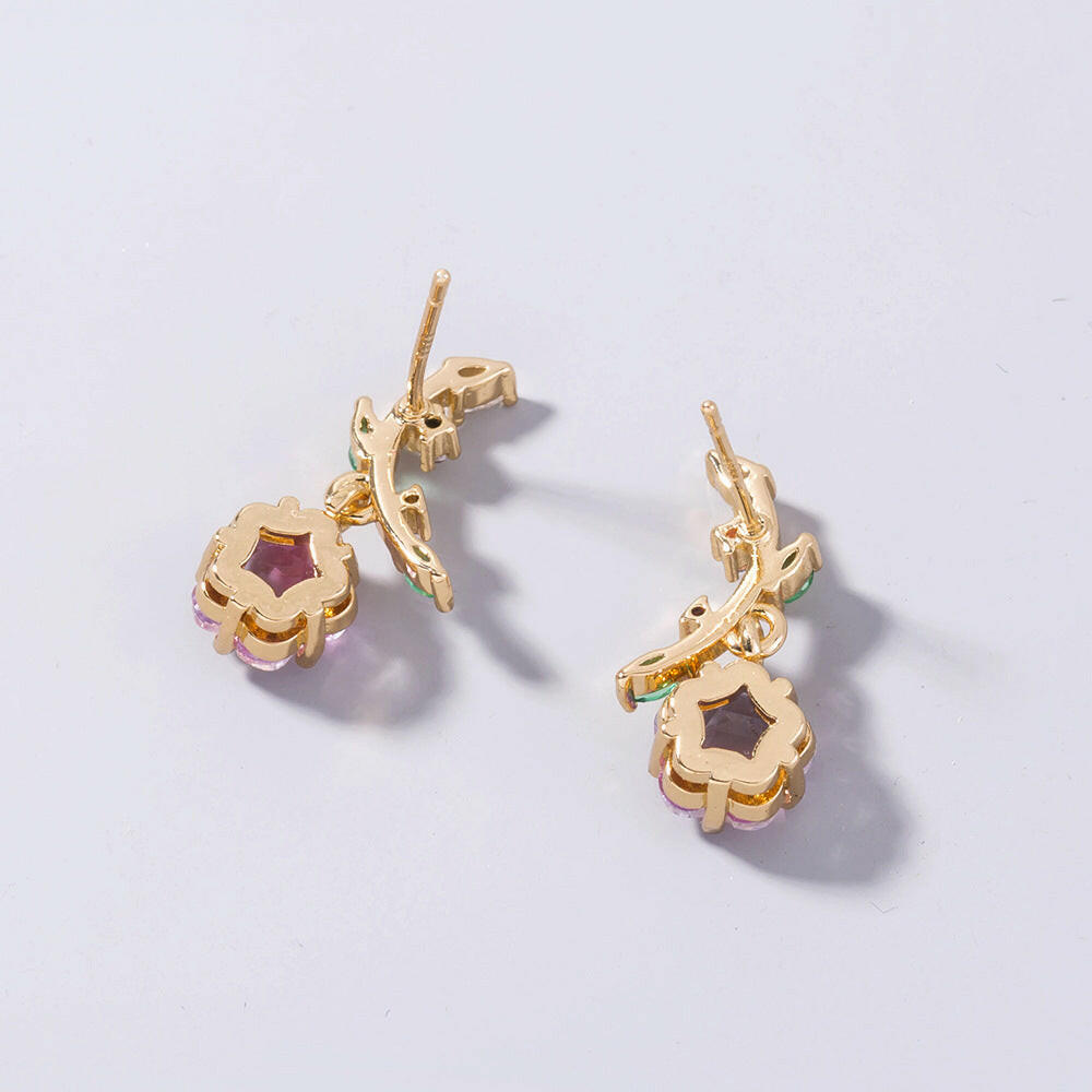 Kaze Plum Blossom Zircon Leaf Flower Drop Earrings | Gold Alloy Botanical Earrings