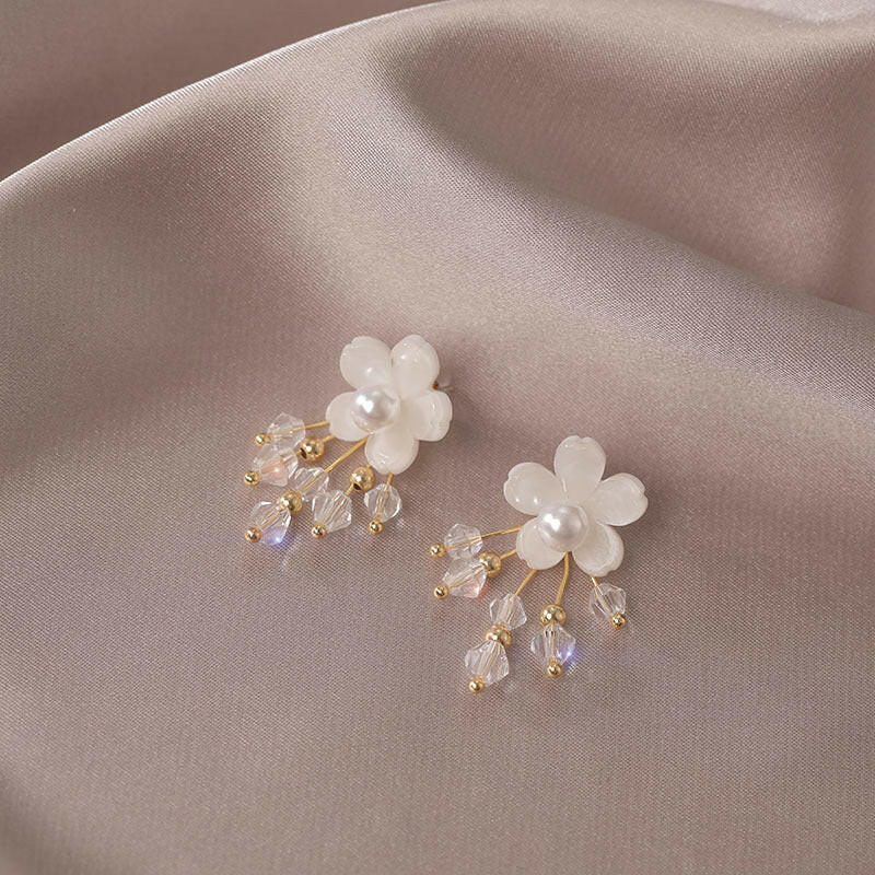 Kaze Flower Tassel Drop Earrings | Contemporary Floral Tassel Earrings in Silver &amp; Gold Alloy White