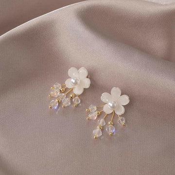 Kaze Flower Tassel Drop Earrings | Contemporary Floral Tassel Earrings in Silver &amp; Gold Alloy White