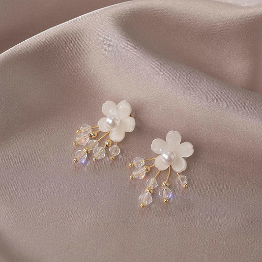 Kaze Flower Tassel Drop Earrings | Contemporary Floral Tassel Earrings in Silver &amp; Gold Alloy White