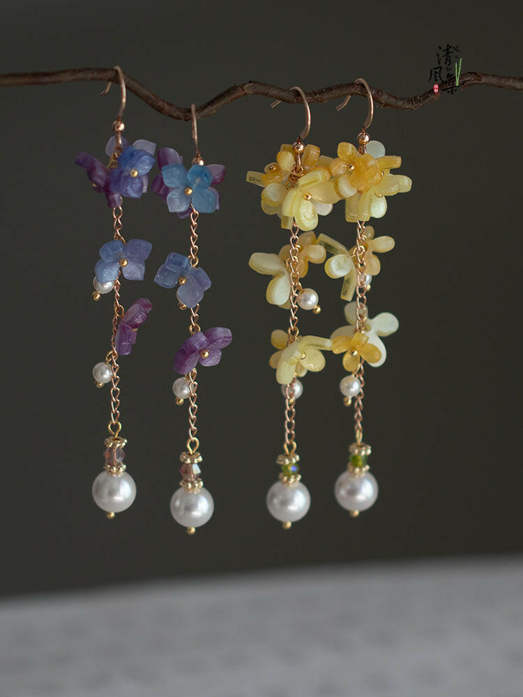 Kaze Cheongsam-Inspired Flower Tassel Earrings | Hydrangea Gold &amp; Silver Earrings in Hook &amp; Clip Styles