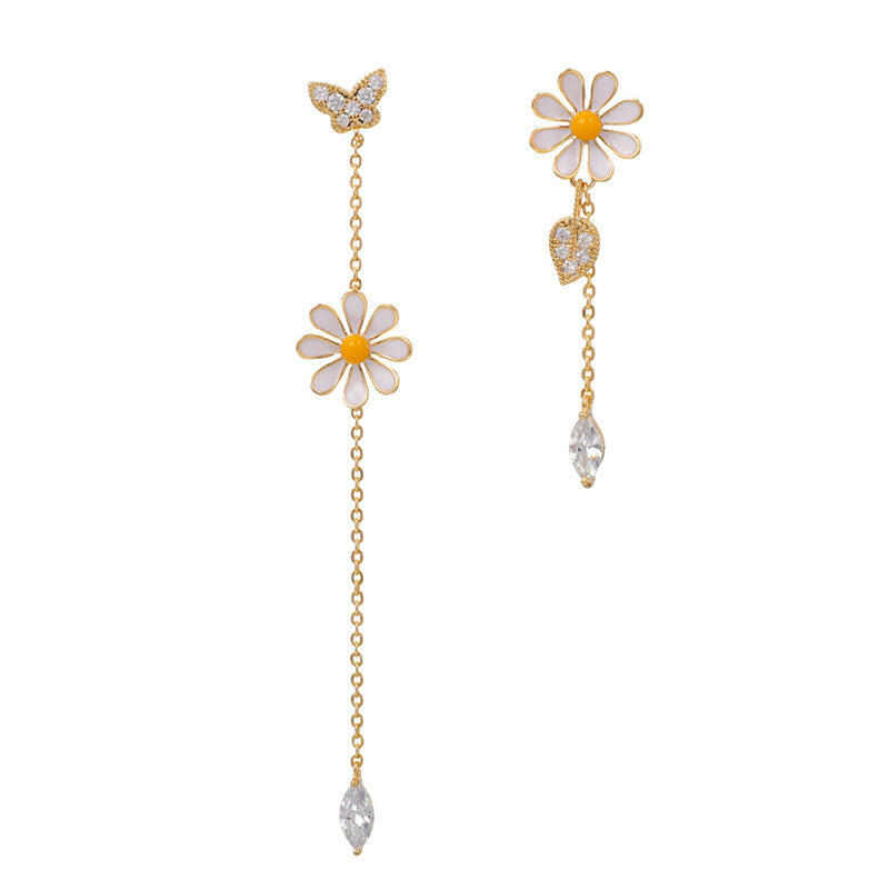 Kaze Rhinestone Tassel Drop Earrings | Floral Crystal Long Tassel Earrings Silver
