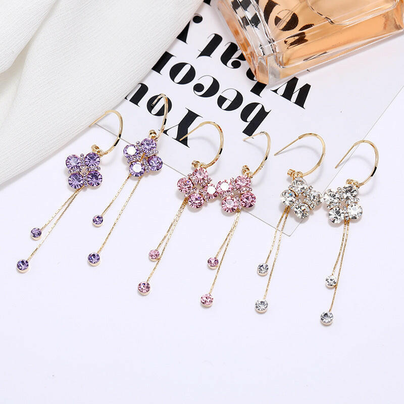 Kaze Crystal Flower Tassel Drop Earrings | Korean-Inspired Pink Crystal Drop Earrings