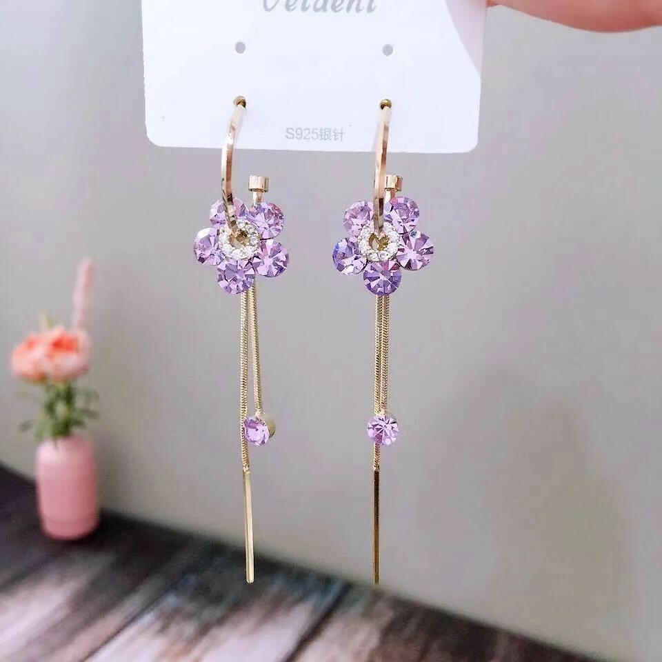 Kaze Crystal Flower Tassel Drop Earrings | Korean-Inspired Pink Crystal Drop Earrings Pink