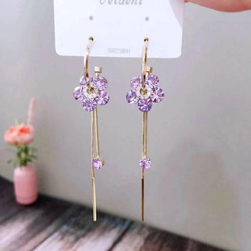 Crystal Flower Tassel Earrings for Women Pink