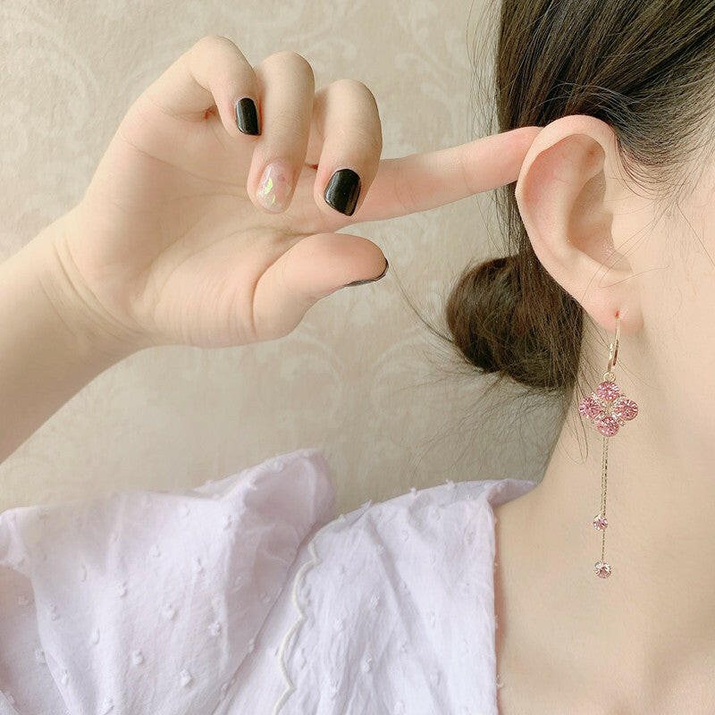 Kaze Crystal Flower Tassel Drop Earrings | Korean-Inspired Pink Crystal Drop Earrings
