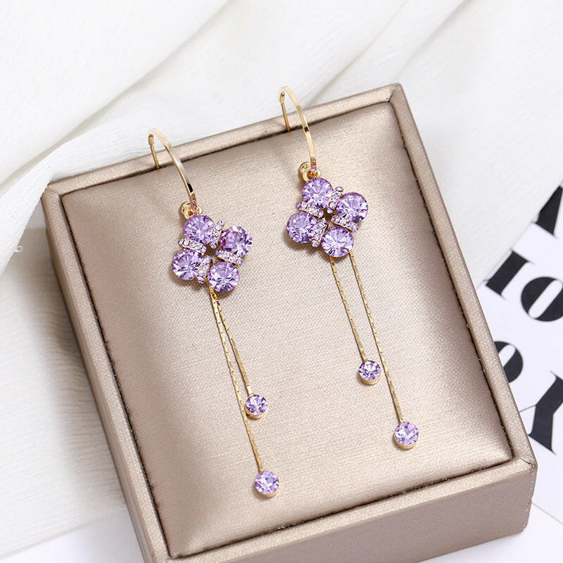 Kaze Crystal Flower Tassel Drop Earrings | Korean-Inspired Pink Crystal Drop Earrings