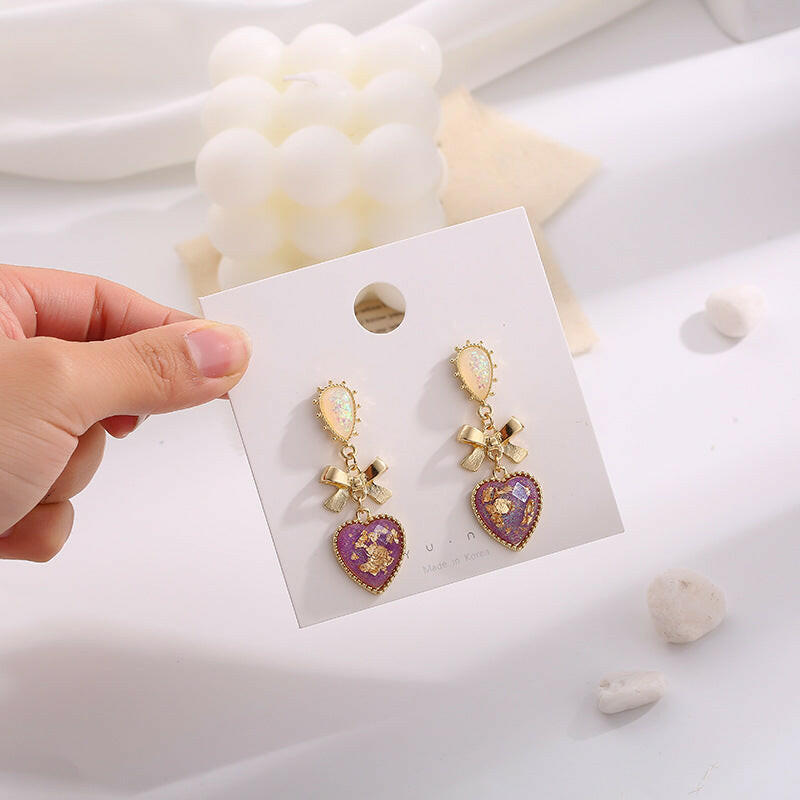 Kaze Resin Heart-Shaped Bow Earrings | Cow Print Stud Earrings with 925 Silver Needle